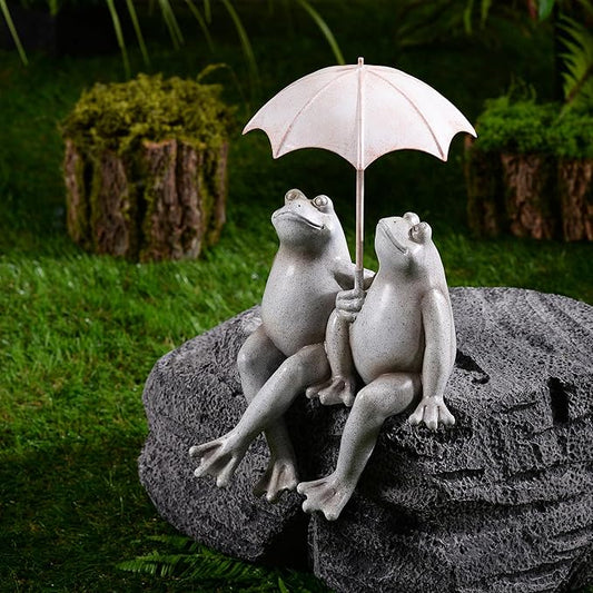 Hi-Line Gift Ltd. Sitting Couple Frogs W/Umbrella Garden Statue Yard Decor