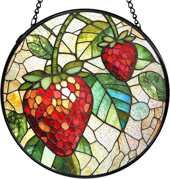 Strawberry Suncatchers Stained Glass Window Hanging, Summer Fruit Sun Catchers Indoor Window Glass Round Wall Decor, Strawberry Wall Hanging Decorations, Fruit Kitchen Decor, 7.9x7.9in