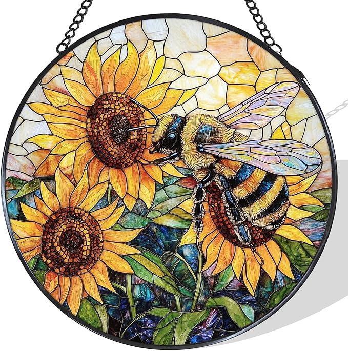 Vintage Bee Sunflower Stained Glass Window Hanging Suncatcher, Bumble Bee Sunflower Sun Catcher for Window Door Home Office Decor, Rustic Painted Glass Wall Hanging Decorations 7.8x7.8 in