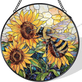 Vintage Bee Sunflower Stained Glass Window Hanging Suncatcher, Bumble Bee Sunflower Sun Catcher for Window Door Home Office Decor, Rustic Painted Glass Wall Hanging Decorations 7.8x7.8 in