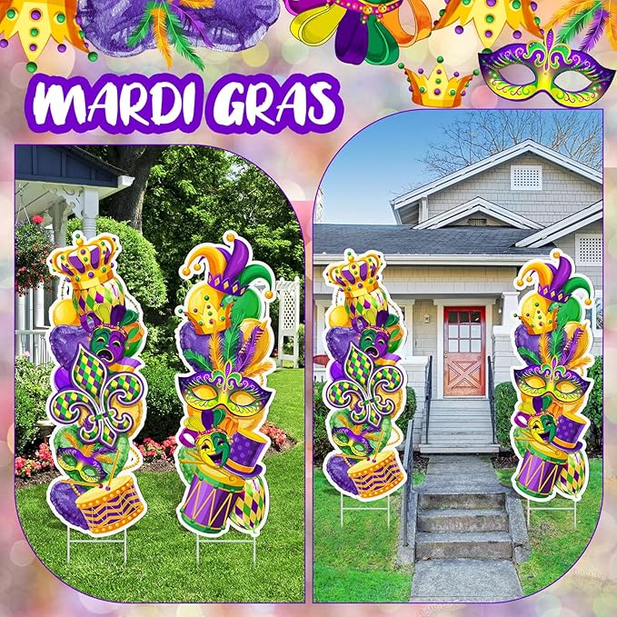 Beeveer 2 Pcs Mardi Gras Yard Sign with Stake Outdoor Carnival Lawn Decorations Waterproof Welcome Crown Carnival Decor Party Yard Signs for Festive Masquerade Home Garden Pathway Supplies