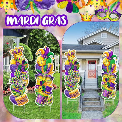 Beeveer 2 Pcs Mardi Gras Yard Sign with Stake Outdoor Carnival Lawn Decorations Waterproof Welcome Crown Carnival Decor Party Yard Signs for Festive Masquerade Home Garden Pathway Supplies