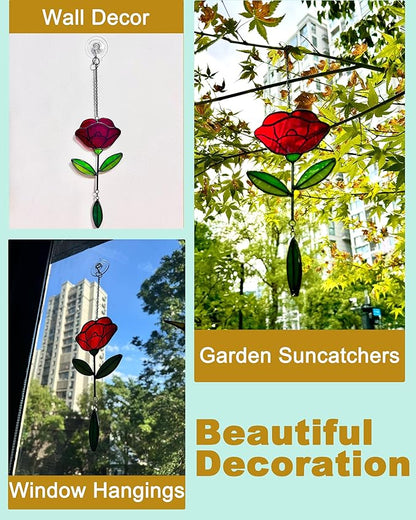 Stained Glass Window Hangings, Handcrafted Garden Suncatchers for Window and Home Decor Decor, Unique Artisan Glass Ornaments for Indoor and Outdoor Use, Red Flower