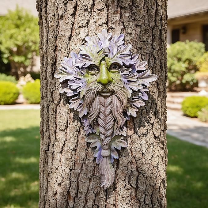 7.9" Real Tree Face Hugger Statue, Garden Whimsical Resin Statues with Foliage Features, Outdoor Fairy Elve Accent Yard Art, Halloween Trees Decorations Outdoor Wall Mounted Statue