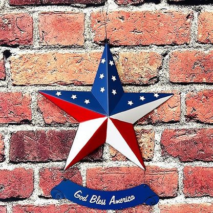 Rustic Metal 3D Barn Americana Stars, Patriotic USA Flag Wall Star with God Bless America Sign, July 4th Country Decor for Indoor & Outdoor Wall Decoration
