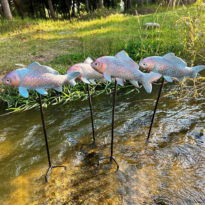 4PCS Antique Bronze Fish Garden Statue - Koi Fish Decor for Outdoors - 10.5 * 5Inch - Glow at Night