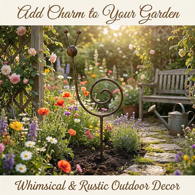 Rustic Metal Snail Garden Stakes Set of 2, 34.6" Outdoor Yard Art, Farmhouse Lawn Decor, Whimsical Iron Spiral Sculpture for Garden, Patio, Flower Bed Decoration