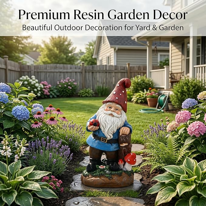 Topadorn Garden Gnome Statue LED Light Solar Energy Gnome Figurine with Ladybug on Hand Mushroom for House, Lawn Decor 11 Inch