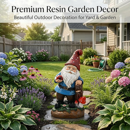 Topadorn Garden Gnome Statue LED Light Solar Energy Gnome Figurine with Ladybug on Hand Mushroom for House, Lawn Decor 11 Inch