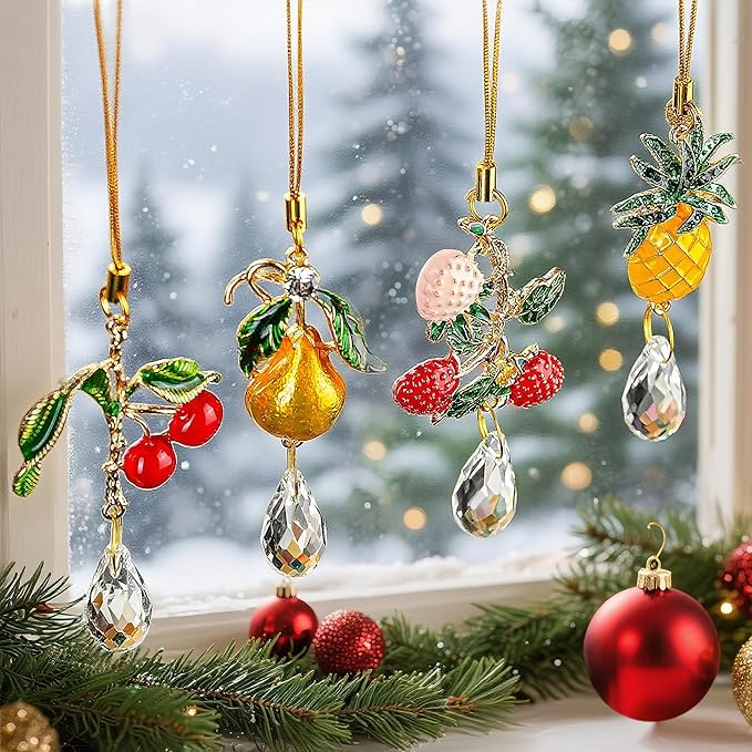 H&D HYALINE & DORA 4 Pcs Fruit Crystal Sun Catcher Rhinestone Cute Fruit Suncatcher with Crystals Prisms for Garden Home Decor