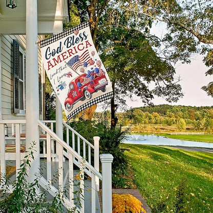 4th of July House Flags for Outdoor,Patriotic American Truck with Buffalo Plaid Yard Flags for Outside,Memorial Decorative Flag for 250th USA Anniversary Holiday Decoration 28x40 Inch Double Sided
