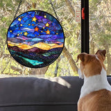 Stained Glass Window Hanging, Blue Sky Gold Stars Abstract Landscape Suncatcher for Doors Window Home Sun Catchers Decor Mother's Day Birthday Gifts for Women, Men Mom 6.3 in
