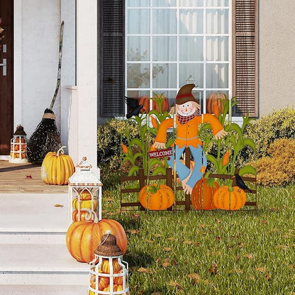Glitzhome 5-Piece Modular Yard Stake Set, 41.5 Inch Scarecrow & Corn Fall Decor - Rust-Proof Metal Farmhouse Outdoor Decor for Thanksgiving Harvest