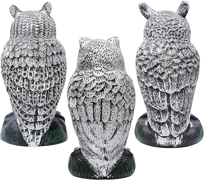 KKY 2 Packs Fake Plastic Owl Bird, Garden owl Statue,Can Repel Pigeons Away from The House, Garden, Pool. (3pc Black)
