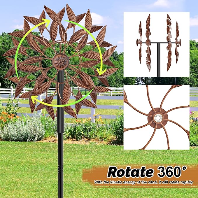 Wind Spinners Outdoor for Yard Garden, 360° Metal Windmills Art Decor with Stake, Kinetic Wind Sculpture for Lawn Patio Outside Ornaments, 63.5 x 12.5 Inches (Rust Color)