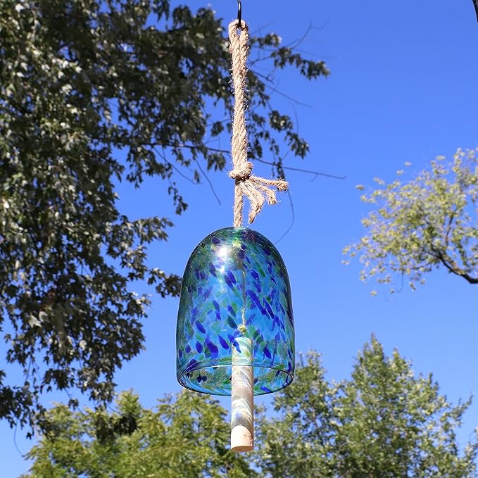 Sunnydaze Natural Melody Wind Bell - Painted Glass Wind Chime Bell for the Patio, Deck, or Porch - 7.5" - Blue Freeze