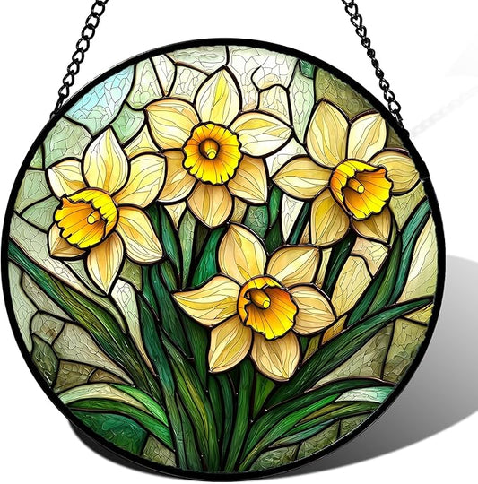 DASTOLL Stained Glass Window Hanging, Daffodil Plant Flowers Sun Catchers Diamond Glass Panel Hangings Suncatcher Decor for Birthday for Women, Men, Wife, Aunt, and Mom 14.9x14.9 in