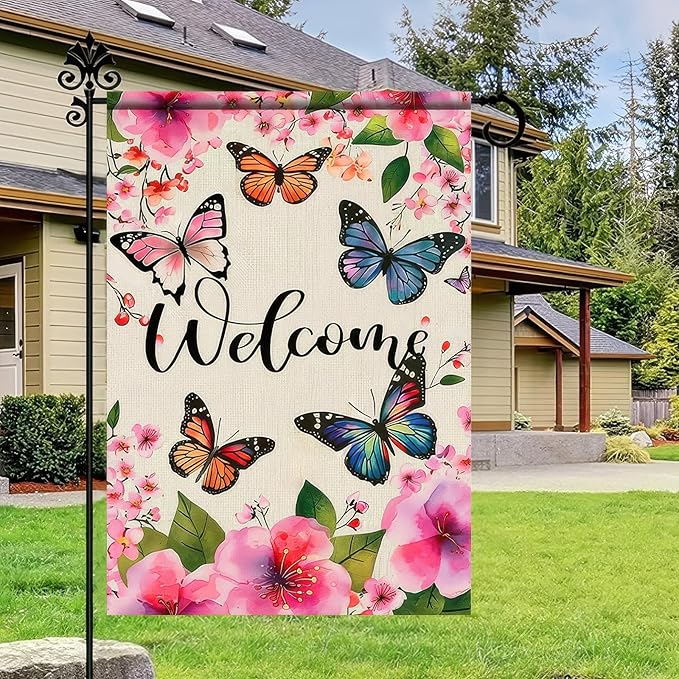 BlissYard Welcome Spring Garden Flag Butterfly Flower Decoration Yard Flag 12x18 Double Sided Seasonal Farmhouse Yard Outdoor Decoration Outside House Spring Small Yard Flag