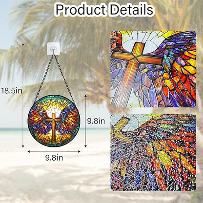 DASTOLL Stained Glass Window Hanging - Jesus Cross Wings Suncatcher Ready to Hang Window Doors Home Decoration and Christmas, Mother's Day Birthday Gifts for Women, Men, and Mom 9.8x9.8 in