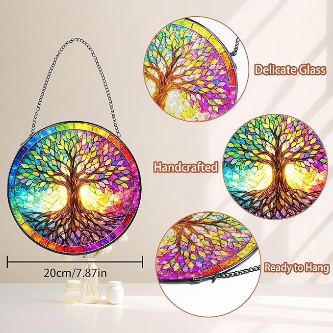 Tree Stained Glass Suncatcher, 8" Round Tree Window Hanging with Metal Chain, Colorful Decorative Glass Art for Home Garden, Gift for Mom and Grandma