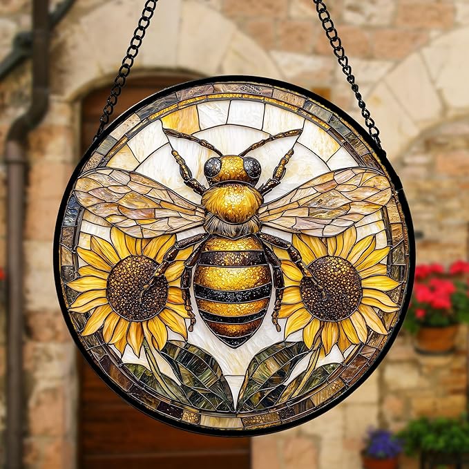 DASTOLL Stained Glass Window Hanging - Bee Sunflower Yellow Suncatcher Ready to Hang Window Doors Home Decoration and Christmas, Mother's Day Birthday Gifts for Women, Men, and Mom 6.3x6.3 in