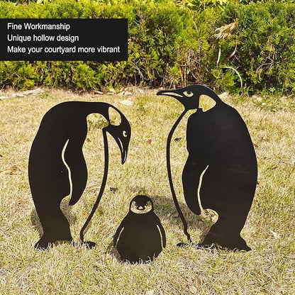 Hollow Iron Penguin Family Statue for Garden Lawn Patio