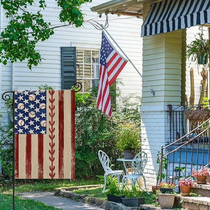 4th of July Garden Flag 12x18 Inch Double Sided, Retro American Flag with Baseball Yard Decoration,Small Seasonal Outdoor Decor for Summer Memorial Day/250th Years America Anniversary Holiday Outside