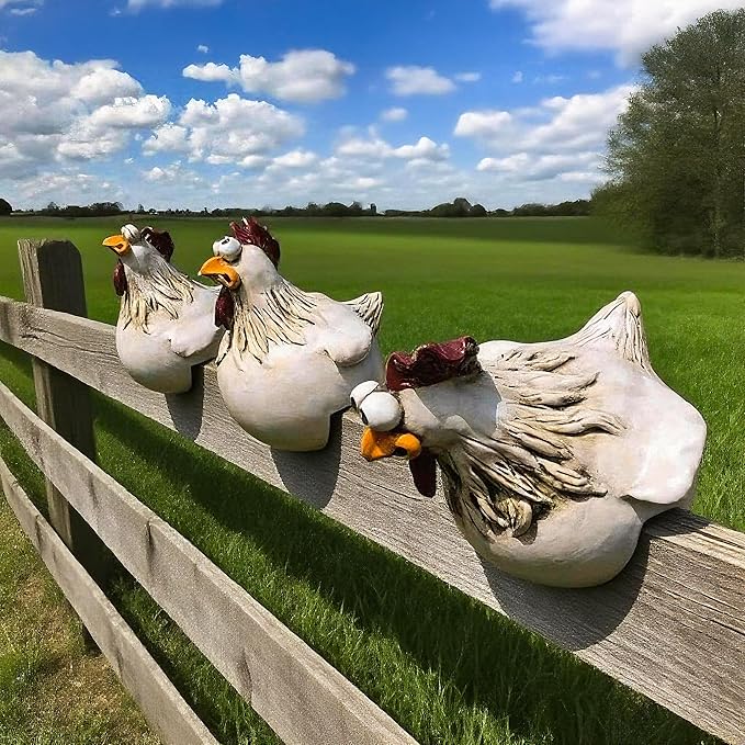 Teaeeno Funny Farm Chickens Sculpture Fence Decor,Outdoor Real Animal Statue,Cute Chicken Sculpture,Curious Chicken Statues for Garden Stairs,Patio,Backyard and Outdoor Farm Decor,3 Chickens a Sets