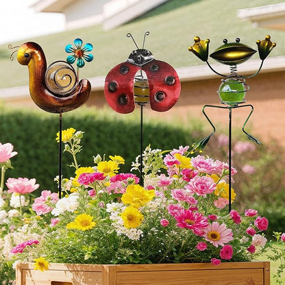 Garden Decor for Outside, Set of 3 Metal 16.5” Decorative Garden Stakes with Snail Beetle Frog for Garden Decorations, Welcome Yard Sign Art Stakes for Outdoor Lawn Backyard Porch