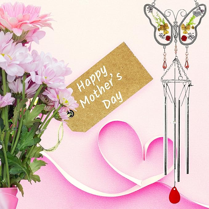 Mom Butterfly Wind Chime with Pressed Flowers - Floral Hanging Wind Chimes for Mom - Mother's Day, Birthday for Mother - Decorative Garden or Window Gift - 20 Inch Long
