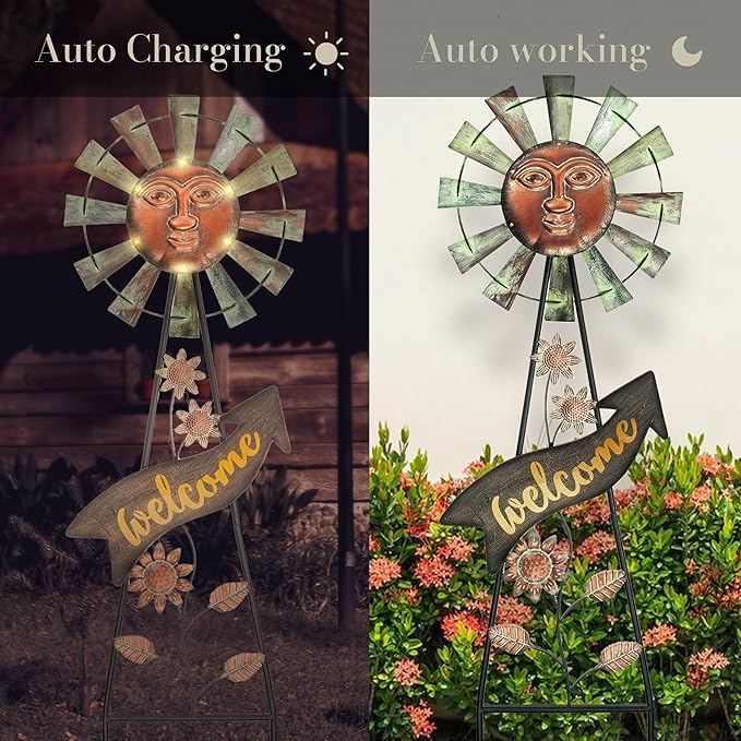 TERESA'S Collections Garden Decor with Solar Outdoor Lights, Wind Spinner Yard Art Sign for Outside, 37'' Bronze Metal Sun Face Windmill Decorative Garden Stake for Lawn Ornaments, Gifts for Mom