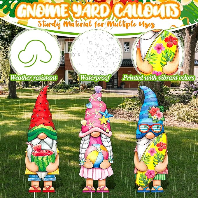 Umigy 3 Pcs Summer Gnome Yard Sign 32 x 10 Inch Outdoor Summer Yard Decor with Stakes Watermelon Beach Ball Surfboard Gnome Lawn Sign Yards Art Stakes for Outdoor Lawn Backyard Porch Garden Decoration