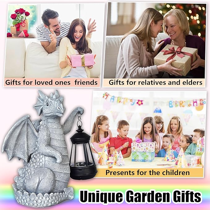 Solar Garden Decor Dragon Statues with Solar Lantern,Dragon Figurine Lights Outdoor Decorations for Yard Lawn Patio Balcony Whimsical Art Outside,Unique Housewarming Gift for Mom Grandma Women