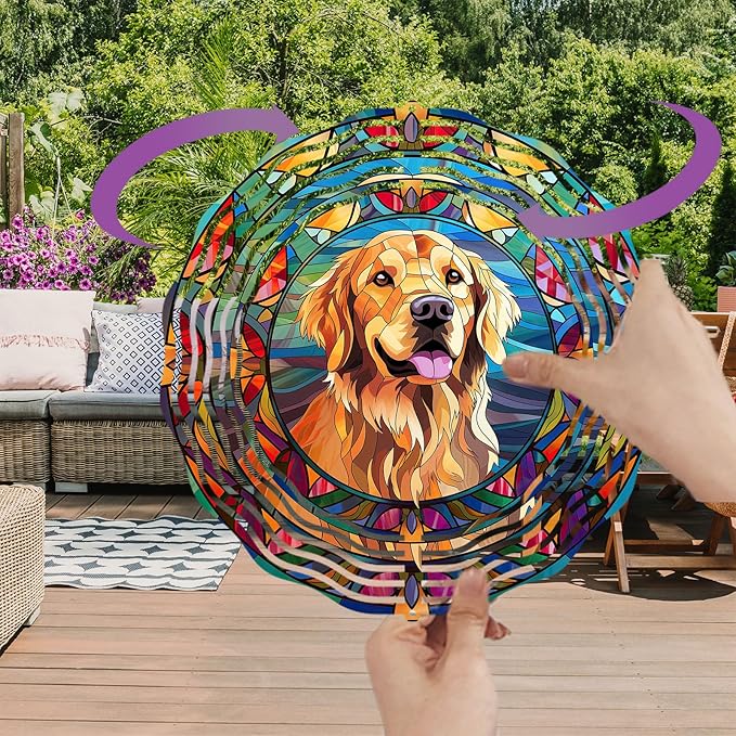 Golden Retriever Wind Spinner Pet Dog Memorial Gifts, Vibrant 3D Kinetic Aluminum Metal Hanging Outdoor Garden Decor, Loss of Dogs Sympathy Gifts, 8" Wind Sculptures for Patio, Porch Yard Art (GR6)