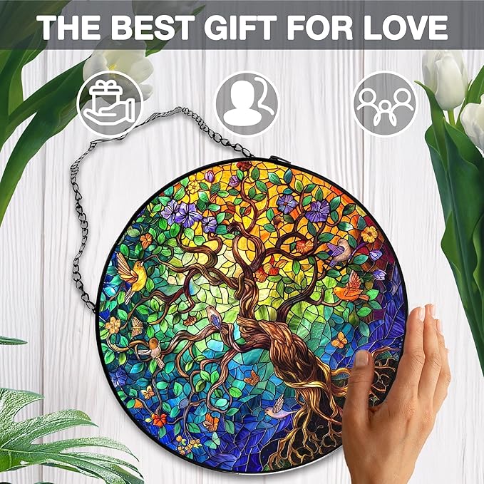 Tree of Life Stained Glass Window Hanging, Tree of Life Decor Suncatchers Sun Catchers Indoor Window Glass Wall Art Decorations, Nature Bird Flower Trees Wall Hanging Decor, 7.9x7.9in,Patio