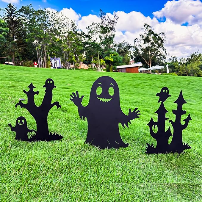 Halloween Decorations White Ghost Metal Decorative Garden Stakes,Halloween Ghosts Silhouette Statues Decorations for Yard Art,Patio,Backyard,Outdoor,Forests,Lawn Ornaments
