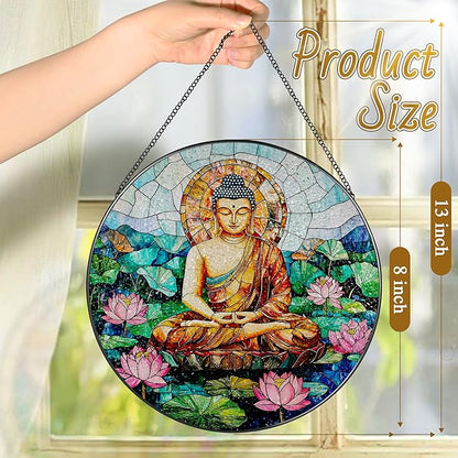 8-Inch Buddha Stained Glass Suncatcher & Ornament, Stained Glass Window Hanging, Sun Catcher Window Decor, Namaste Decor — Gifts for Buddhist & Yoga Lover, Gifts for Christmas, Birthday & Housewarming