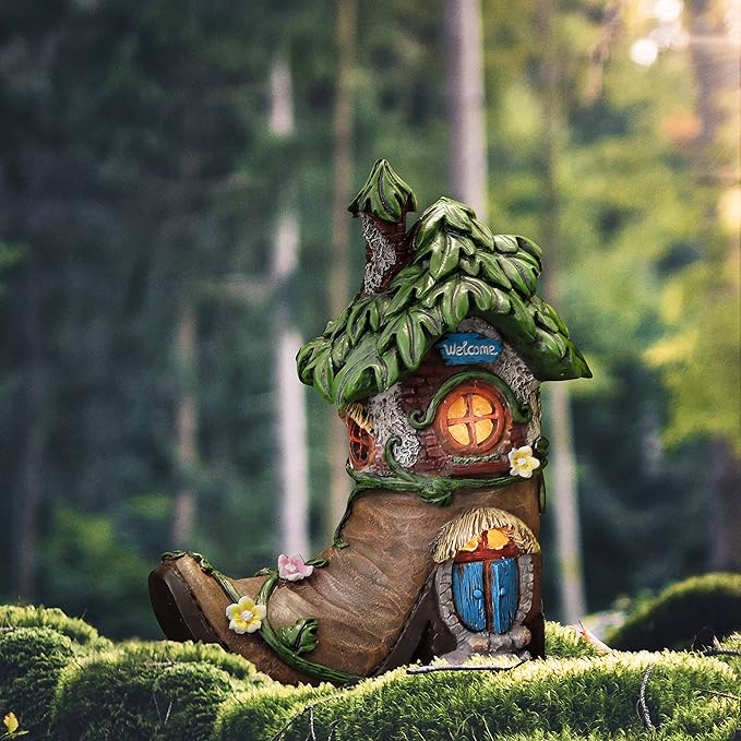 TERESA'S COLLECTIONS Boot Fairy House Garden Statues with Solar Outdoor Light, Resin Fairy Garden Accessories Outdoor Christmas Decorations Lawn Ornaments Yard Decor Thanksgiving Gifts for Mom, 8.5"