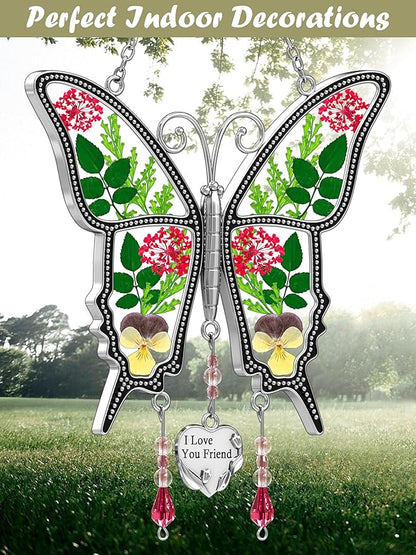 KY&BOSAM Gifts for Women I Love You Friend Butterfly Suncatcher with Pressed Real Flower Stained Glass Suncatchers for Window Hanging Wind Chime Decor Brithday Gift for Friend Mothers Day