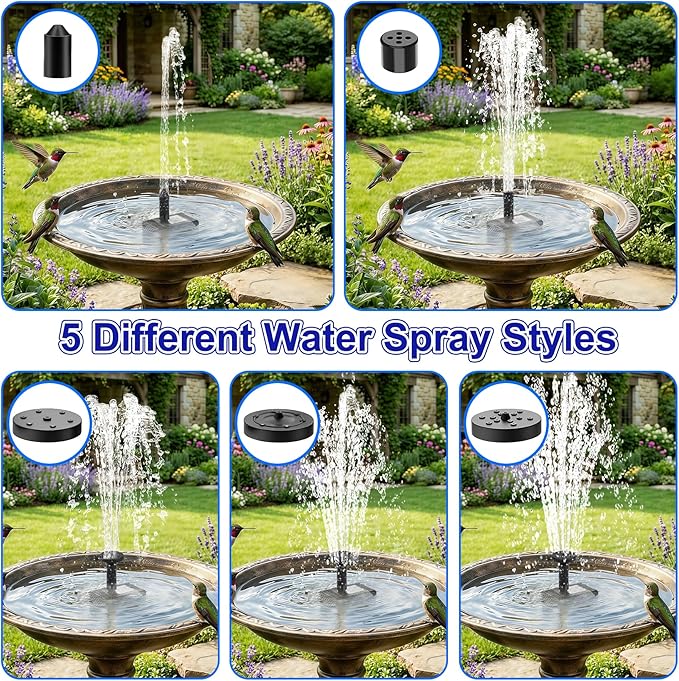 Solar Water Fountain, 2.5 W Solar Bird Bath Fountains with 9.2FT Cable, 5 Nozzles, Outdoor DIY Solar Water Pump Kit for Garden, Ponds, Fish Tank