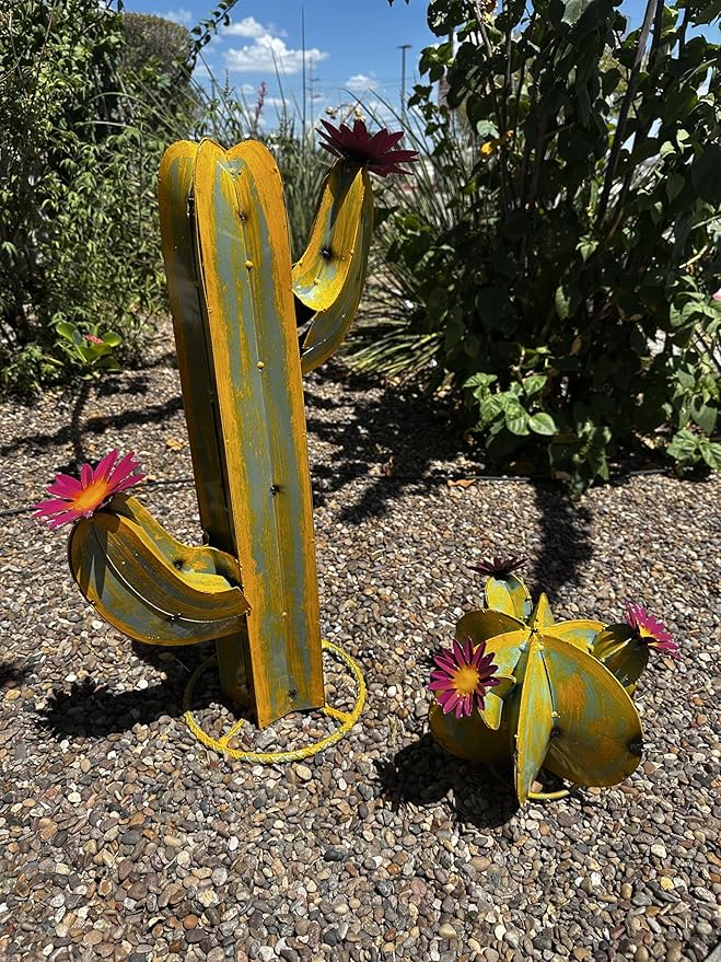 Colorful Metal Saguaro Cactus with Flowers - Handmade Garden Decor (Yellow)