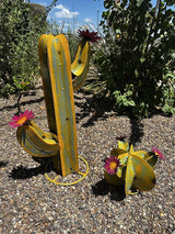 Colorful Metal Saguaro Cactus with Flowers - Handmade Garden Decor (Yellow)