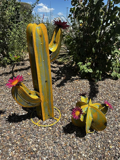 Colorful Metal Saguaro Cactus with Flowers - Handmade Garden Decor (Yellow)