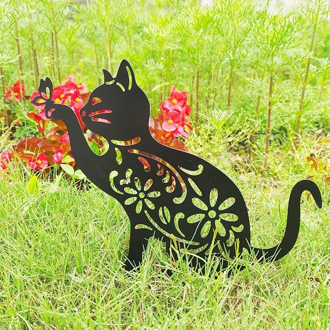 Haofy Cat Silhouette, 1 Piece of Lifelike Cat Yard Art Garden Metal Statue Decor, Hollow Decorative Stakes for Outdoor Farmhouse Pathway Lawn Decorations