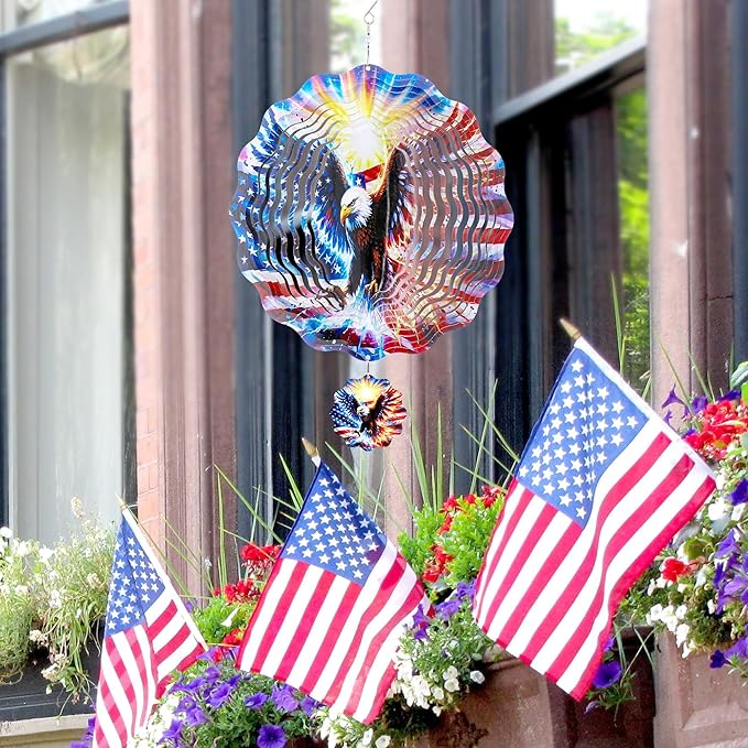 American Eagle Wind Spinner - 3D Flag Pattern Wind Spinners Outdoor Stainless Steel Kinetic Art Spinning Decor 12 Inch 250 Anniversary Hanging Ornaments for Patio Lawn Garden Yard Balcony