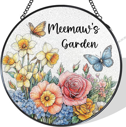 Meemaw's Garden Gifts Stained Glass Suncatcher for Grandma from Grandkids, Meemaw Grandma Gifts Window Hanging Wall Art Decoration for Mothers Day Christmas Birthday, 7.8 x 7.8 in