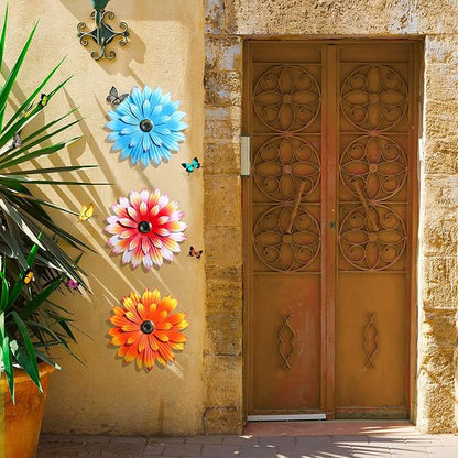 Hotop 3 Pcs Metal Flower Wall Art 3D Metal Daisy Wall Decor Multiple Layer Hanging Flower Rustic Farmhouse Boho Style Decorations for Indoor Outdoor Home Living Room Office Garden, 8 Inches(Vivid)