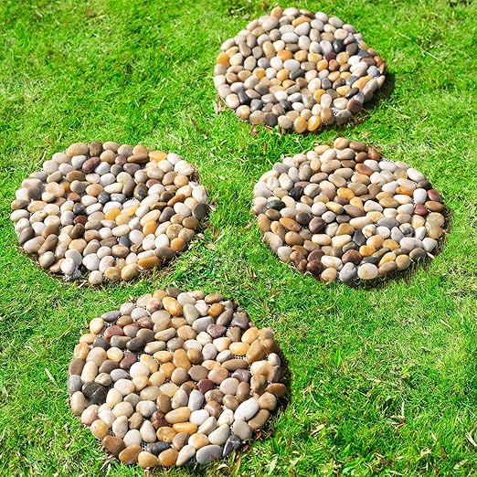 Natural River Rock Stepping Stones for Garden Walkway - Round Pebble Paver Mats with Mesh Backing - Decorative Outdoor Pathway Stones for Lawn, Backyard, Patio, and Landscaping (6 Pack, 9 Inch)
