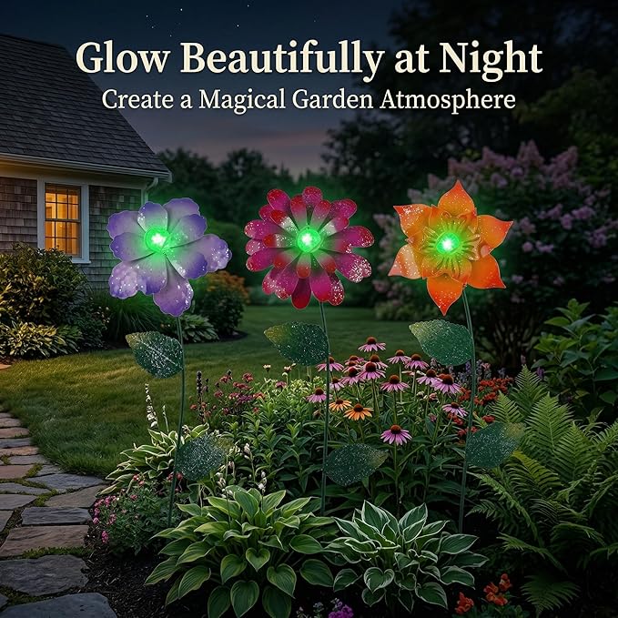 Floral Garden Stake Glow in Dark Plant Pick Water Proof Metal Flower Stick for Outdoor Garden Decor, Set of 3