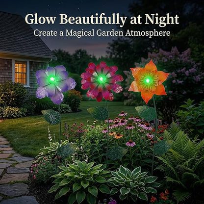 Floral Garden Stake Glow in Dark Plant Pick Water Proof Metal Flower Stick for Outdoor Garden Decor, Set of 3